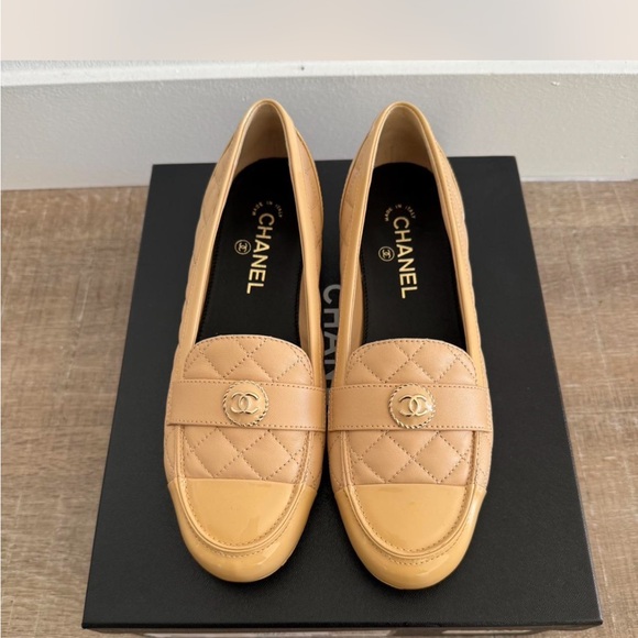 CHANEL Beige Quilted Loafers